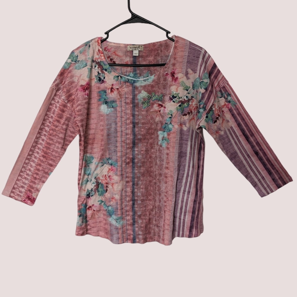 Y2k Pink Floral Rhinestone Shirt Oneworld, Women's Size Medium